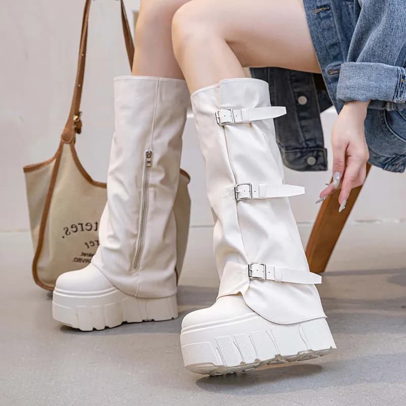 2026 Moda Autunno Inverno Donna Scarpe con plateau Stivali alti al ginocchio Tacco nascosto Donna Stivali alti in peluche caldi Scarpe invernali Botas Mujer