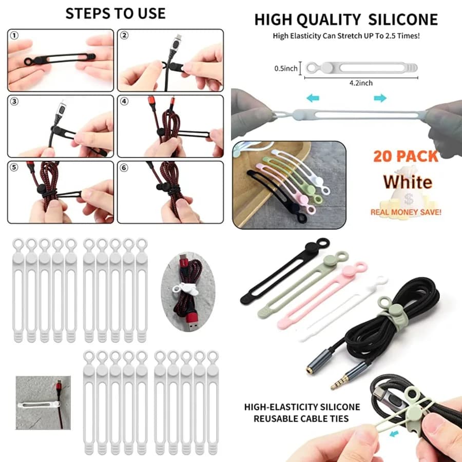 20Park] Fascette in silicone per cavi, Organizzatore riutilizzabile per la gestione dei cavi, Cinghie per cavi, Legacci per cavi, Organizzatore elastico multiuso per cavi