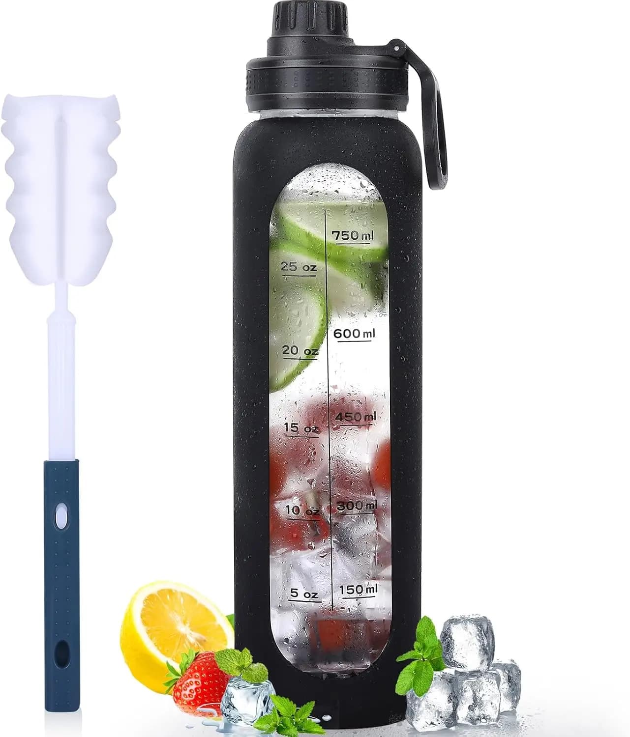 32oz borosilicate glass water bottle with silicone case, wide mouth, time indicator, cap with spout and toothbrush - Reusable bottle