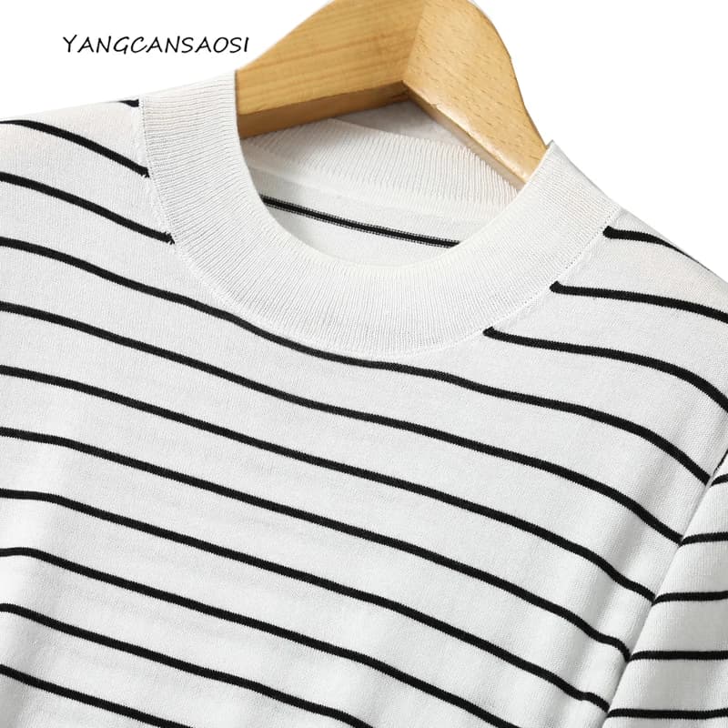 2025 Women's Early Autumn Fashion New 100% Natural Mulberry Silk Round Neck Striped Color Blocking Short Sleeve Knitted Sweater