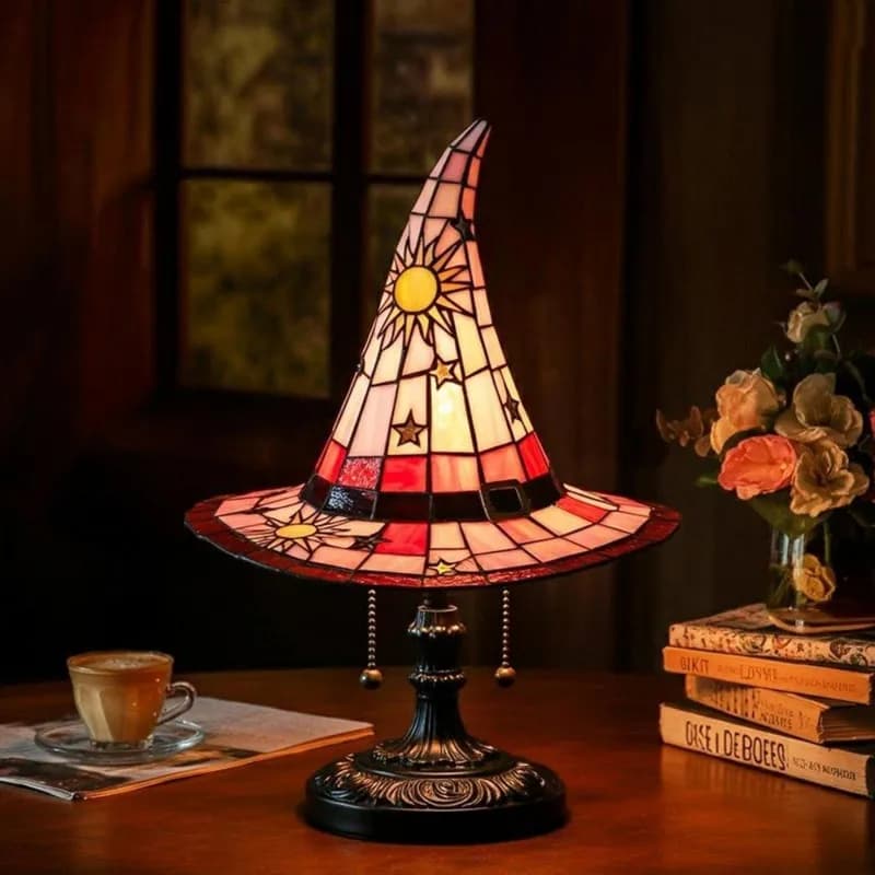 Stained Witch Hat Table Lamp, USB Powered Halloween Desk Light, Gothic Resin Base Night Light for Bedroom , Home Decor