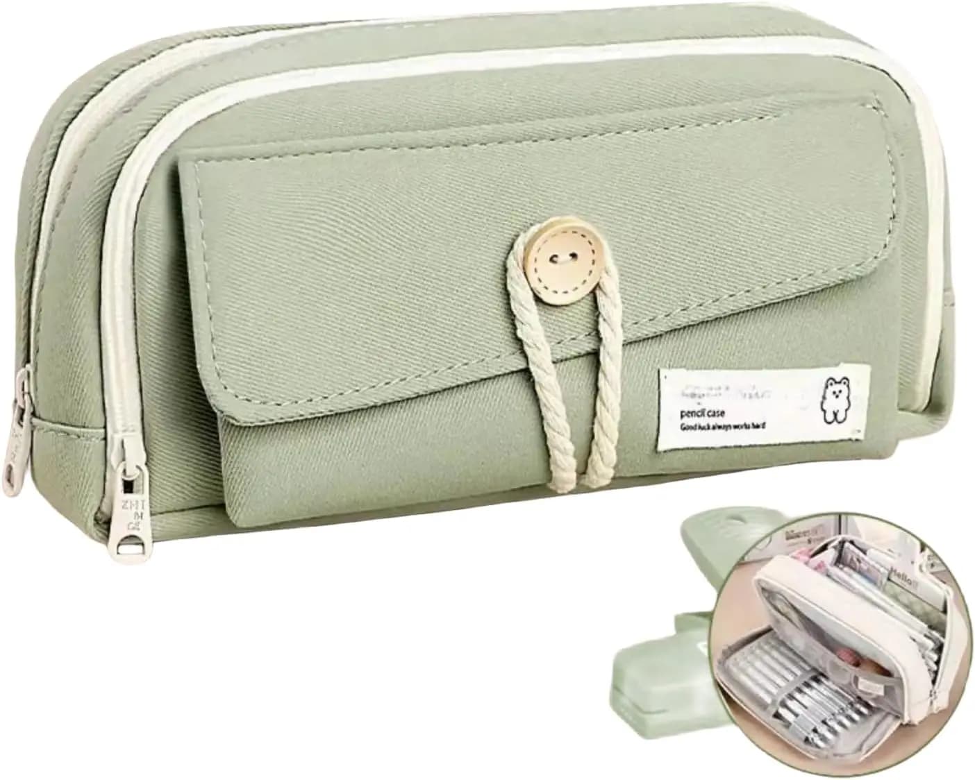 Astuccio in tela di grande capacità con cerniera, organizer multistrato per penne e forniture, colore verde