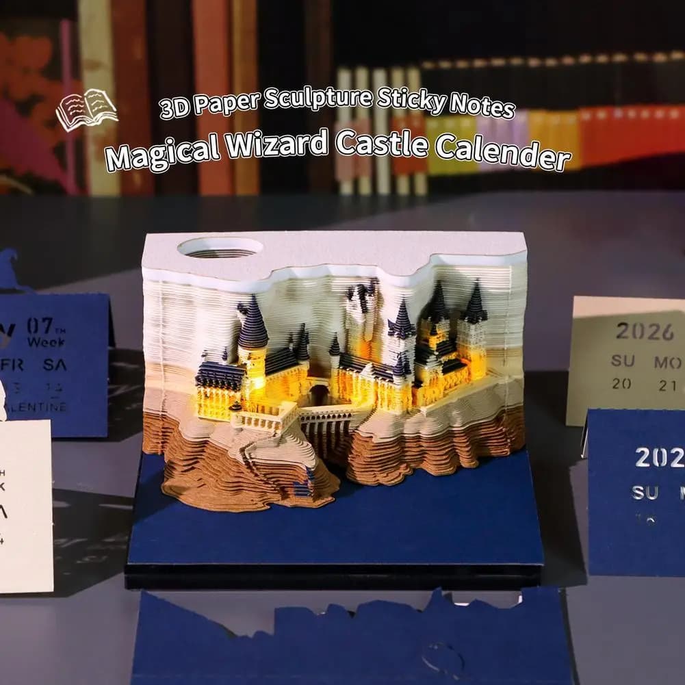Calendario Settimanale 2026 Castello Magico con Luci, Blocco Note 3D in Carta Artigianale in Scatola Acrilica, Planner da Scrivania con Design Decorativo a LED
