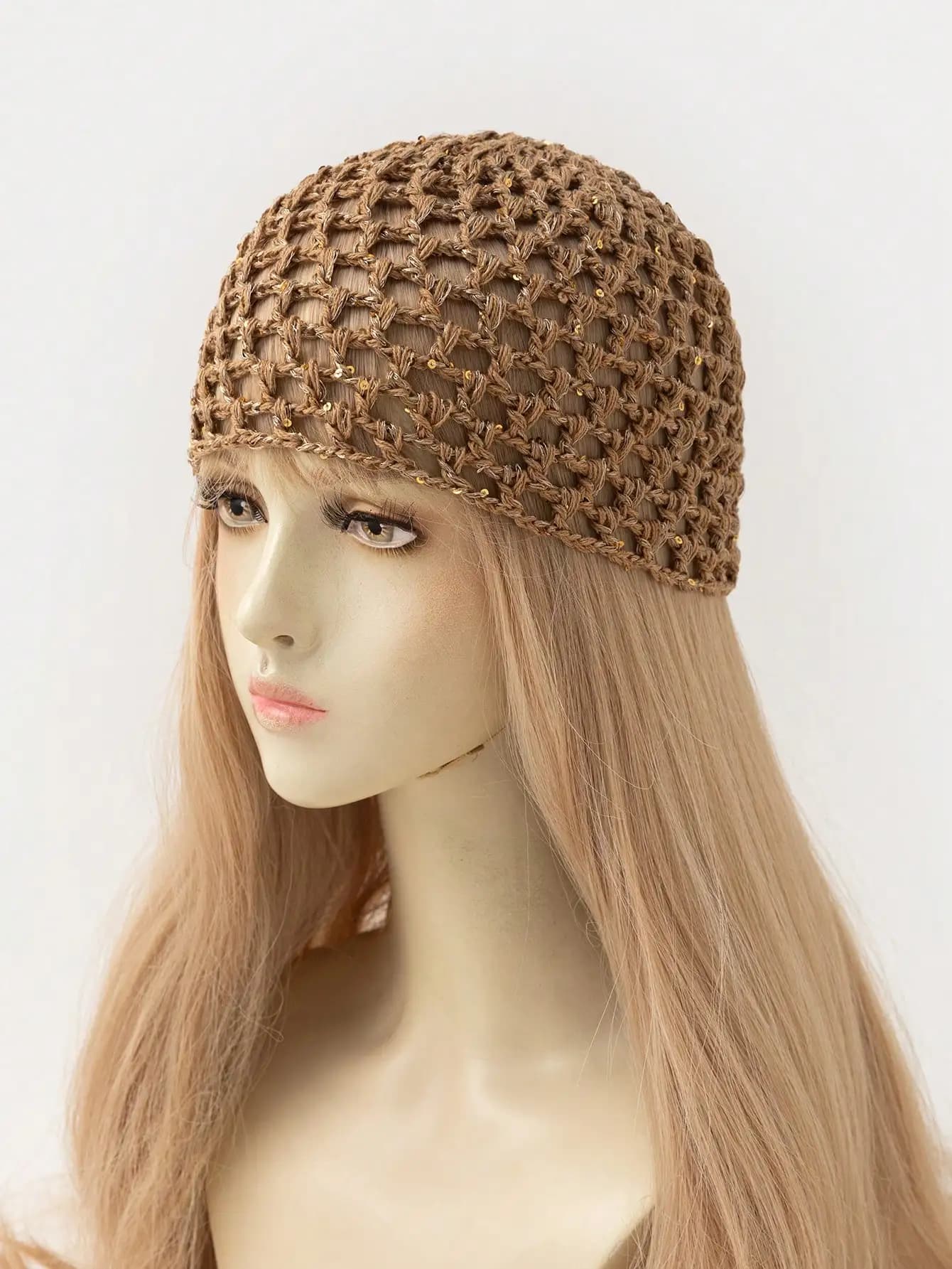 1pc Women's Fashionable Solid Color Versatile Hollow Sequin Crochet Hat, Suitable For Spring, Summer And Autumn Outfits