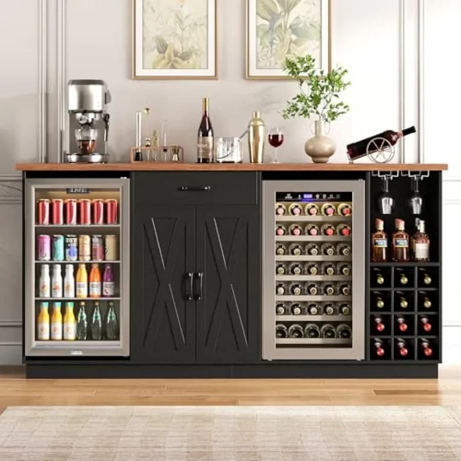 Mobile Bar Grande da 200 cm con Spazio per Frigorifero, Mobile Frigorifero Mini con Vano Portaoggetti, Mobile Bar con Portabottiglie e Portabicchieri