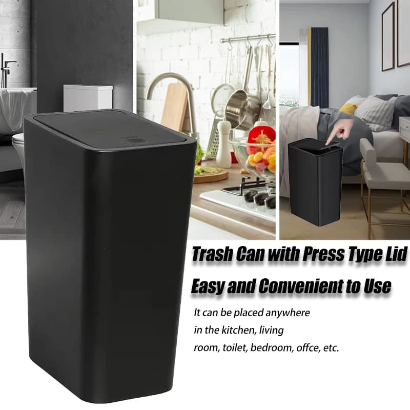 Pattumiera da bagno nera piccola per la casa con coperchio pop-up Bidone della spazzatura in plastica compatta per WC, soggiorno, ufficio, stoccaggio dei rifiuti