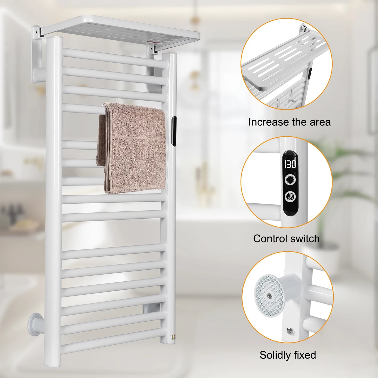 Scaldasalviette Elettrico a 15 Barre con Timer e Controllo Temperatura, Ripiano Termico per Asciugamani, Impermeabile IP56 per Piscine Familiari e Saloni