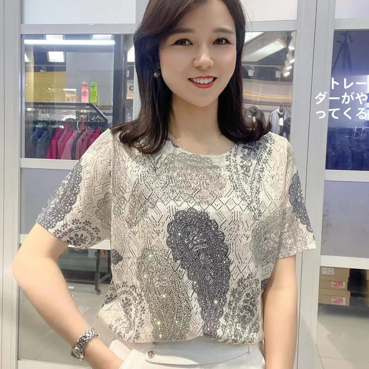Fashionable Summer Short Sleeve T-Shirt Women's Loose Fit Base Layer Shirt Diamond Printed Slimming Mommy Style Commute Wind