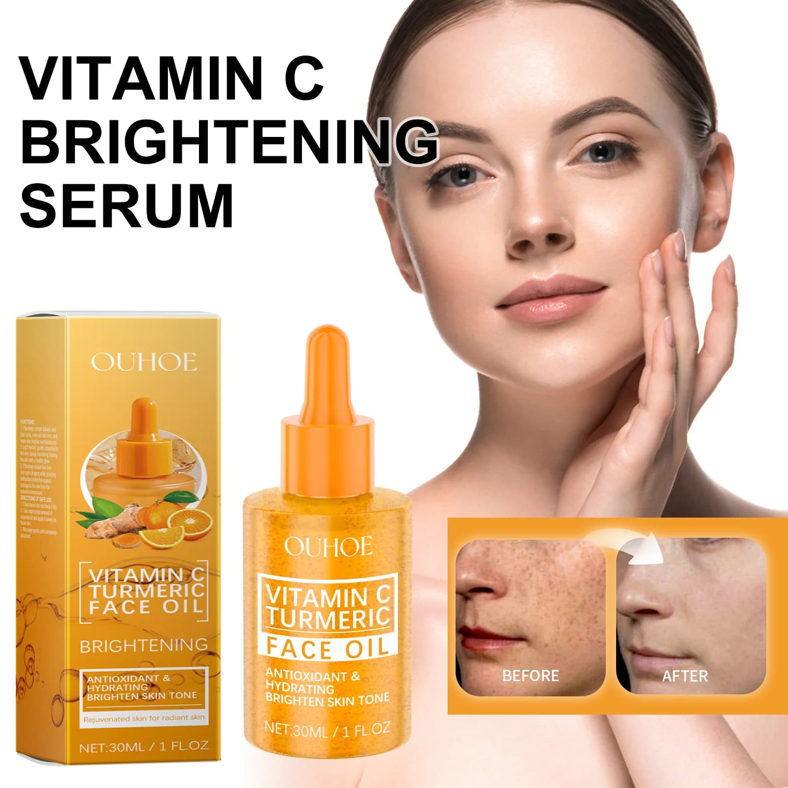Siero schiarente alla vitamina C da 30 ml con estratto di curcuma Niacinamide idratante per il viso idratante Glow Booster per un tono uniforme della pelle