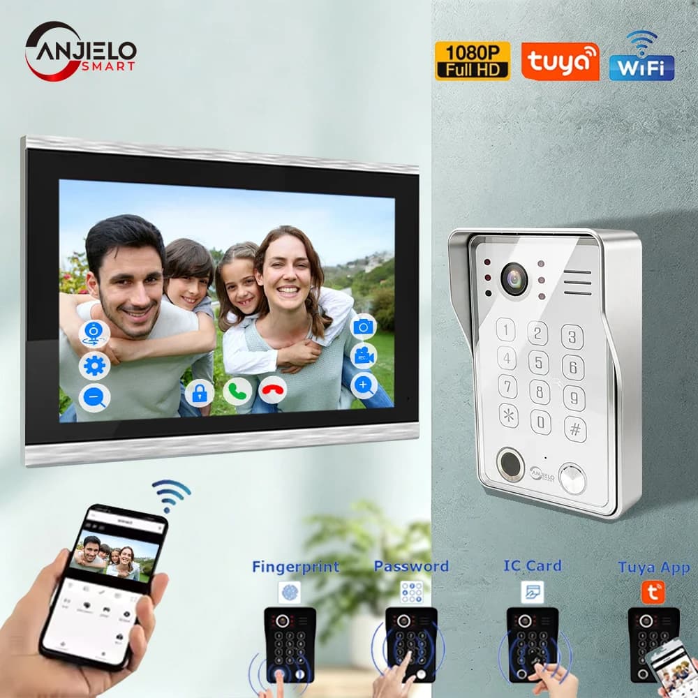 ANJIELO Videocitofono Wi-Fi 5 in 1 con Sblocco Impronta Digitale, Schermo HD 1080P, App Tuya, Interfono Smart Home, Protezione di Sicurezza