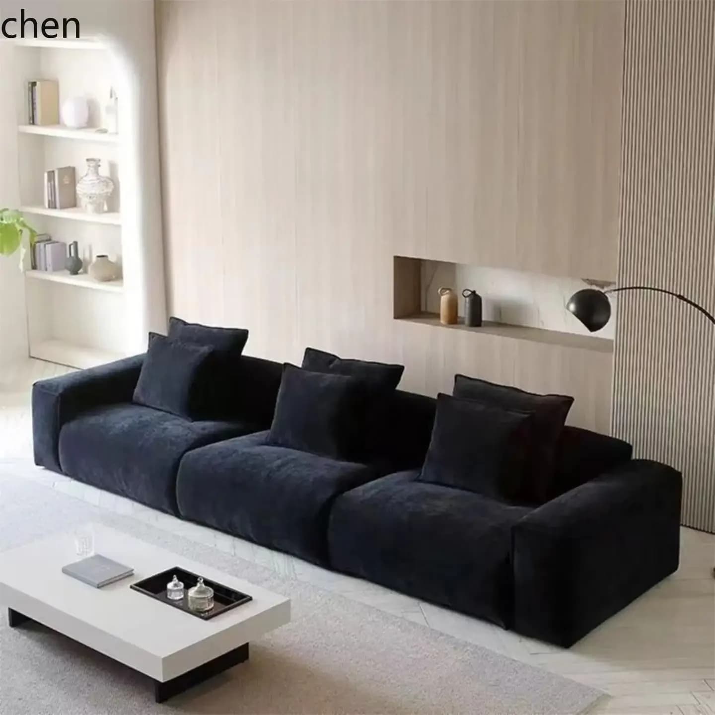 Divano moderno e semplice in tessuto, stile minimalista di lusso, per soggiorno di piccole dimensioni, modello Tofu Block a fila singola.