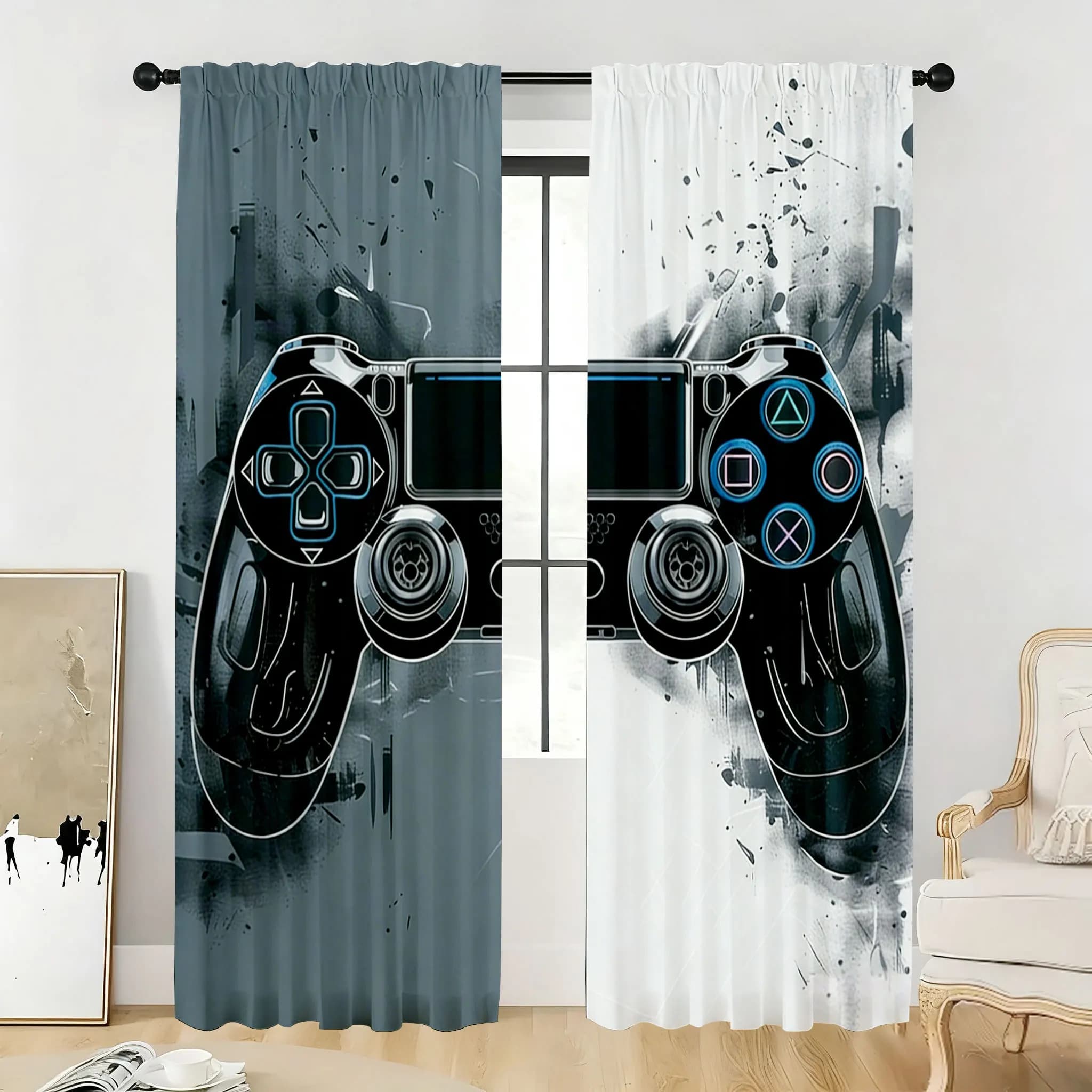 2 tende per controller di gioco Graffiti - Tende per finestra con stampa astratta in bianco e nero per la decorazione della camera da letto dei ragazzi