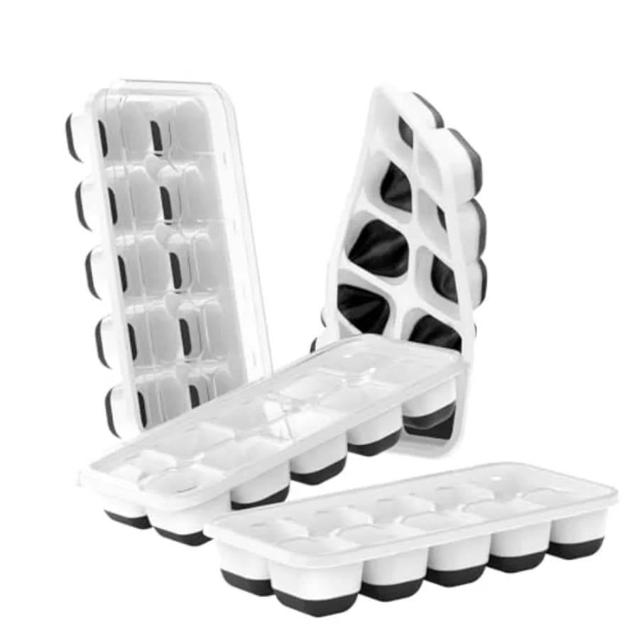 Vaschette per Cubetti di Ghiaccio con Coperchi - Set da 4 Vaschette Impilabili in Silicone per Congelatore, Sicure senza BPA e LFGB, Facili da Rilasciare, per Cucina, Camper, Bar