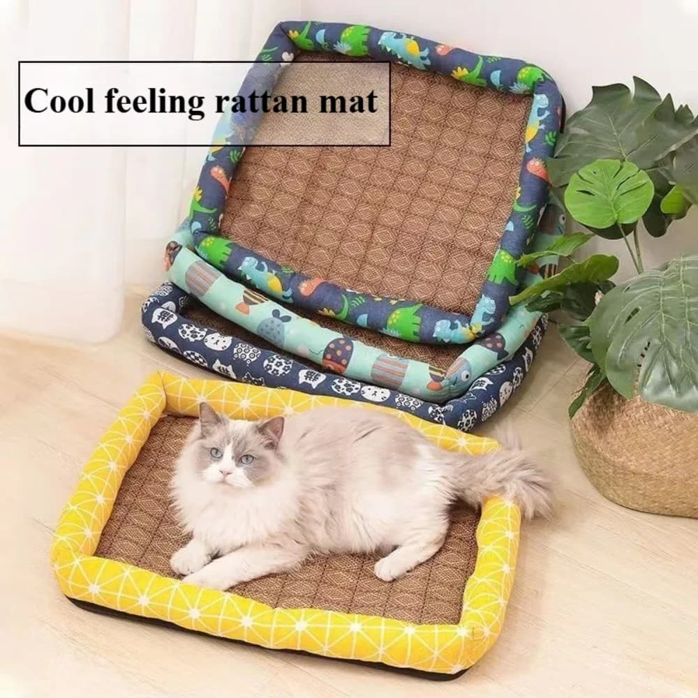 E2 Random Color Cat Bad Linen Rattan Woven Cool Mat Pet Ice Pad Cartoon Teddy Bear Small Dog Bed Summer Cat Cooling Sleeping Pad