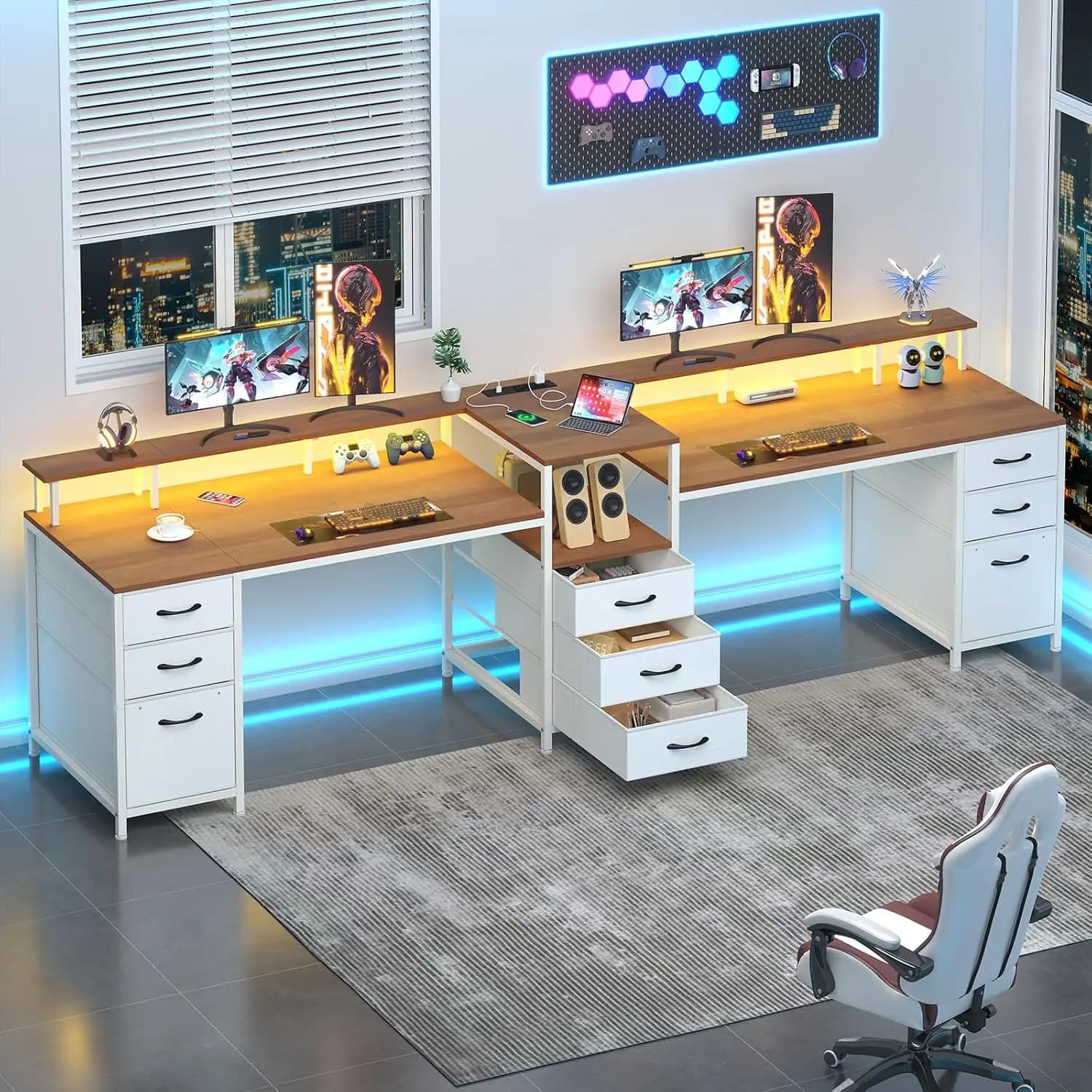 Gaming desk for 2 people 250 cm with 9 drawers, LED current socket, Printer Door shelf, Monitor stand, Brown and White, Customizable