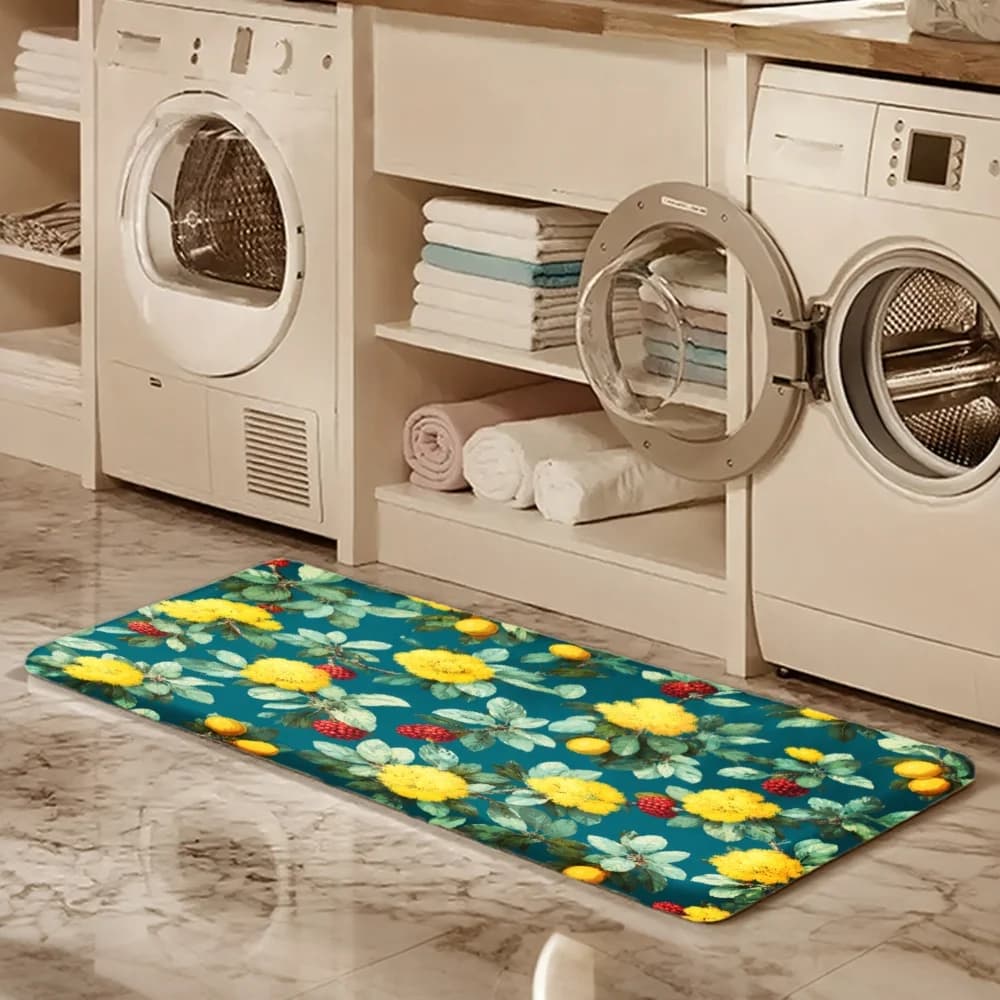 3PCS Mat Set, Home Decoration for Front Door, Kitchen, Yellow Flowers Green Leaves Red Berries Teal Background Kitchen Rug.