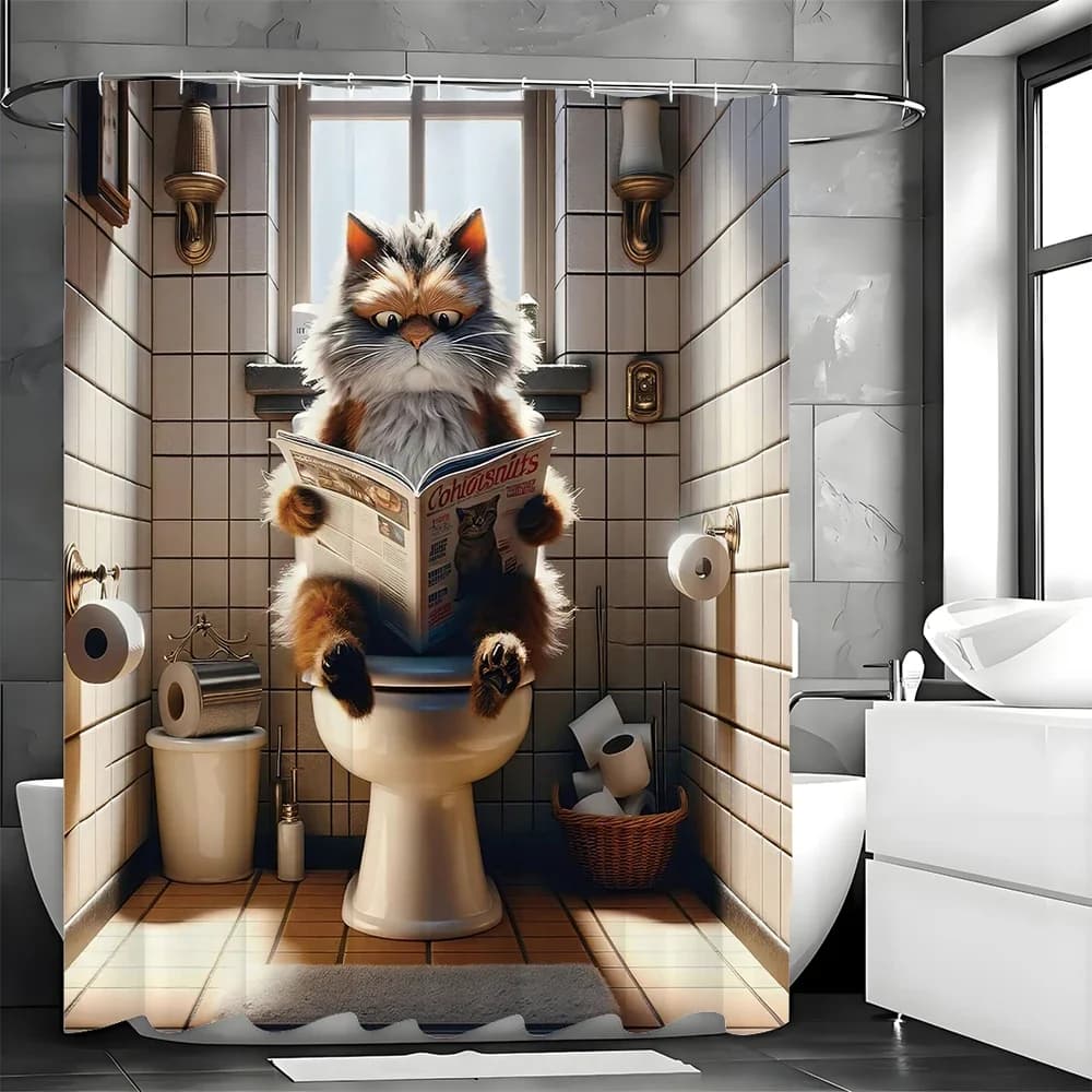 Il gatto che legge la tenda da doccia per giornali, tenda da doccia decorativa per il bagno, tenda da doccia impermeabile con ganci