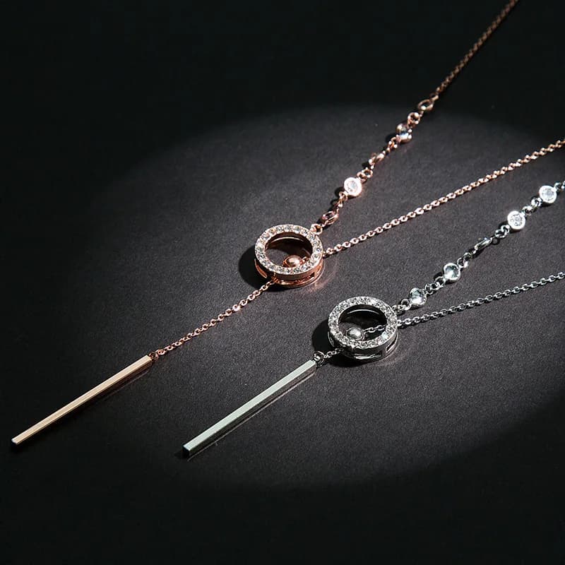 Women's Long Chain Sweater Pendant Necklaces Micro Crystal Glossy Round Rim Drop Accessories for Women's Fashionable Necklaces
