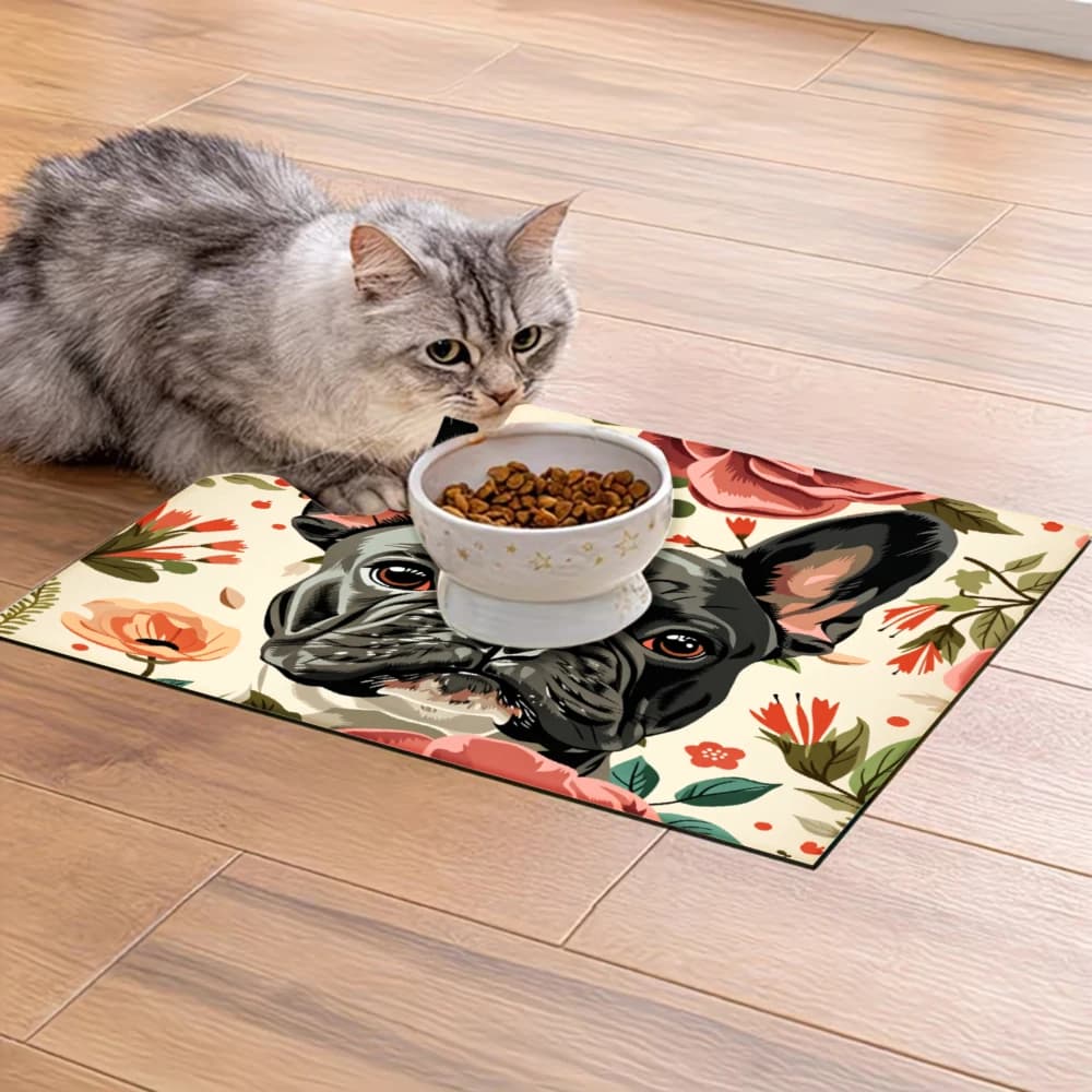 Tappetino per l'alimentazione degli animali domestici antiscivolo con stampa floreale del bulldog francese, forniture per animali domestici, tappetini antispruzzo e antiscivolo per cani e gatti