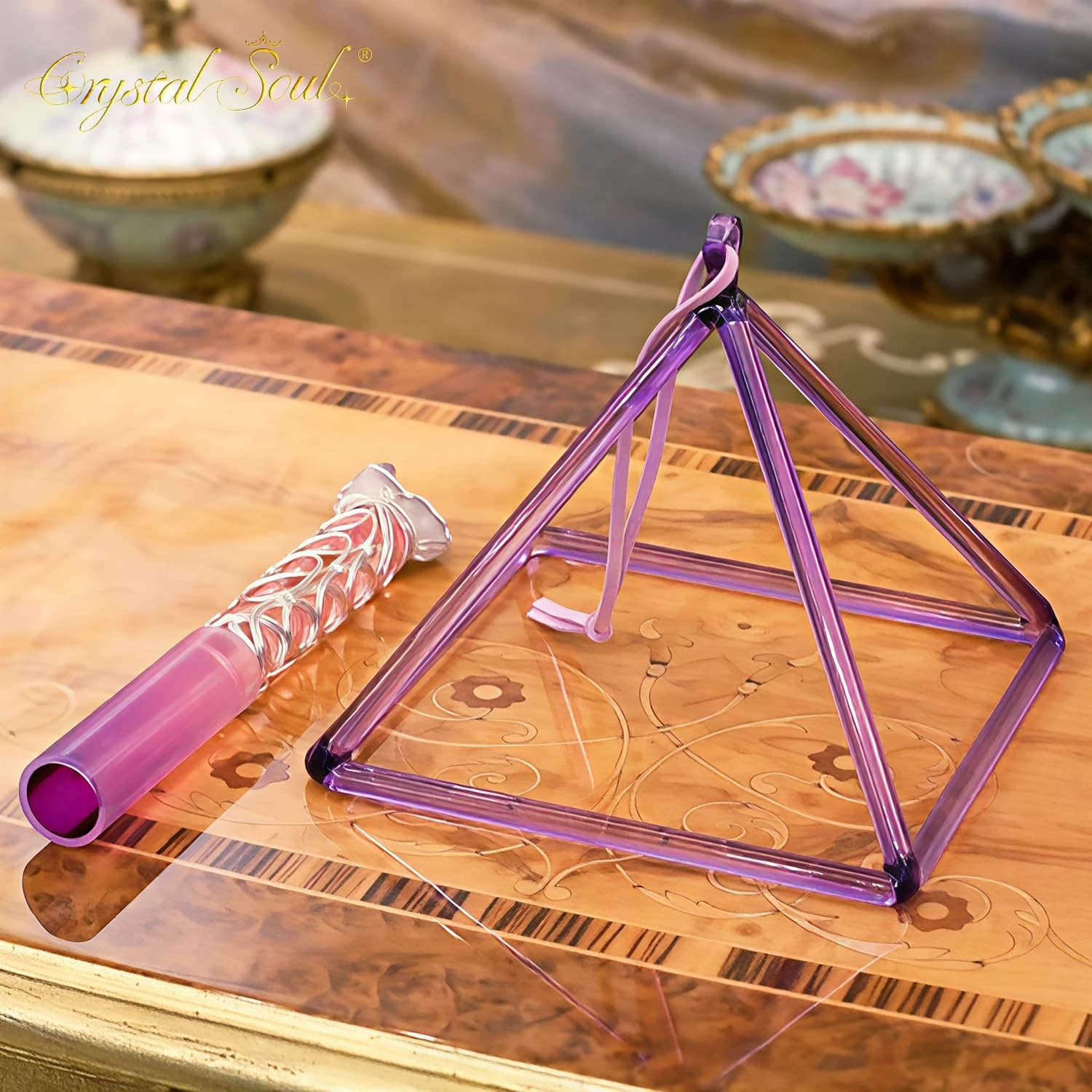 Purple Crystal Pyramid with accessories and Bag tibetan singing bowl blood bowl cuenco cuarzo tibetan singing bowl crystal
