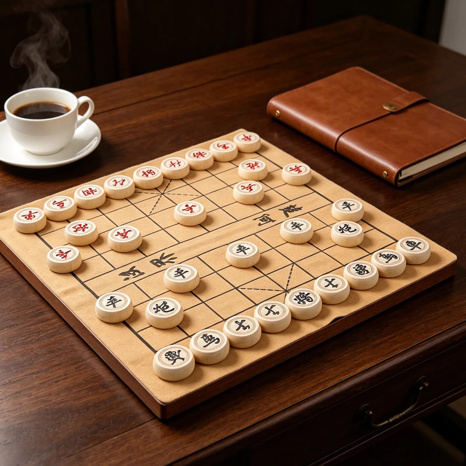 1Set Wooden Xiangqi Chess Set PU Board Traditional Chinese Strategy Game Portable Storage Box for Adults Travel Study