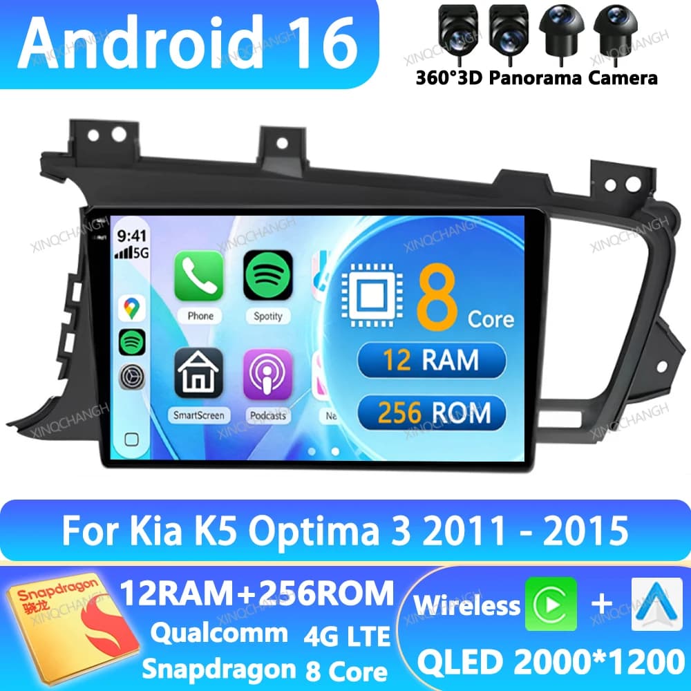 Android 16 Car Radio For KIA K5 Optima 3 2011 - 2015 Head Unit 4G WIFI GPS 2DIN BT Navigation Carplay Auto QLED Navigation BT