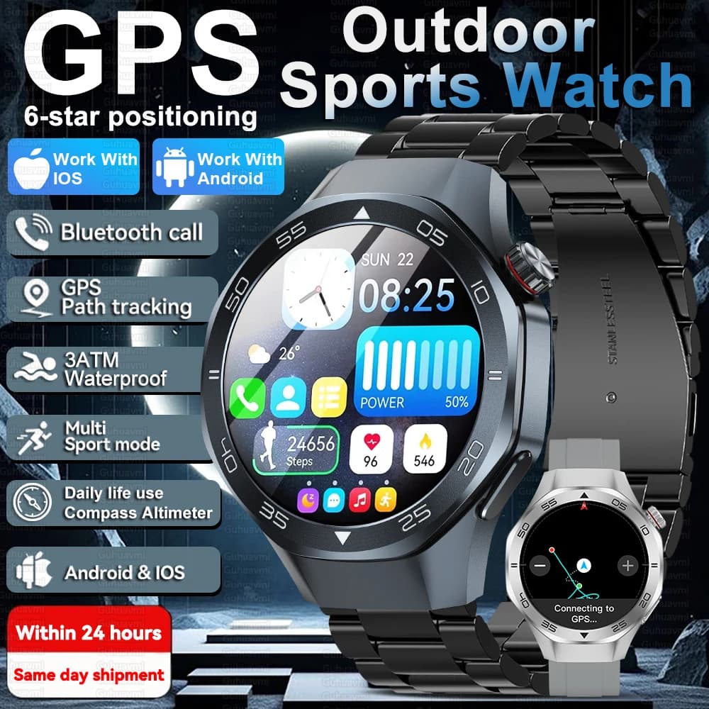 2025New GPS Location Men's Watch Smart 1.53 ''AMOLED HD Screen Compass Frequency Cardiaca 3ATM Call Waterproof Sports Business Smart Watch