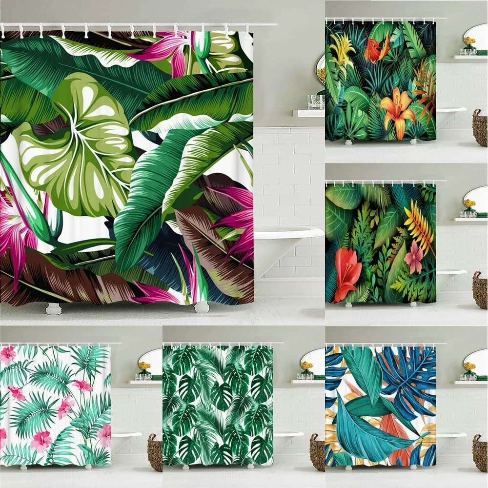 Tenda da bagno con foglie di piante tropicali Tende da doccia in tessuto impermeabile Schermo da bagno con motivo a foglie colorate per l'arredamento del bagno
