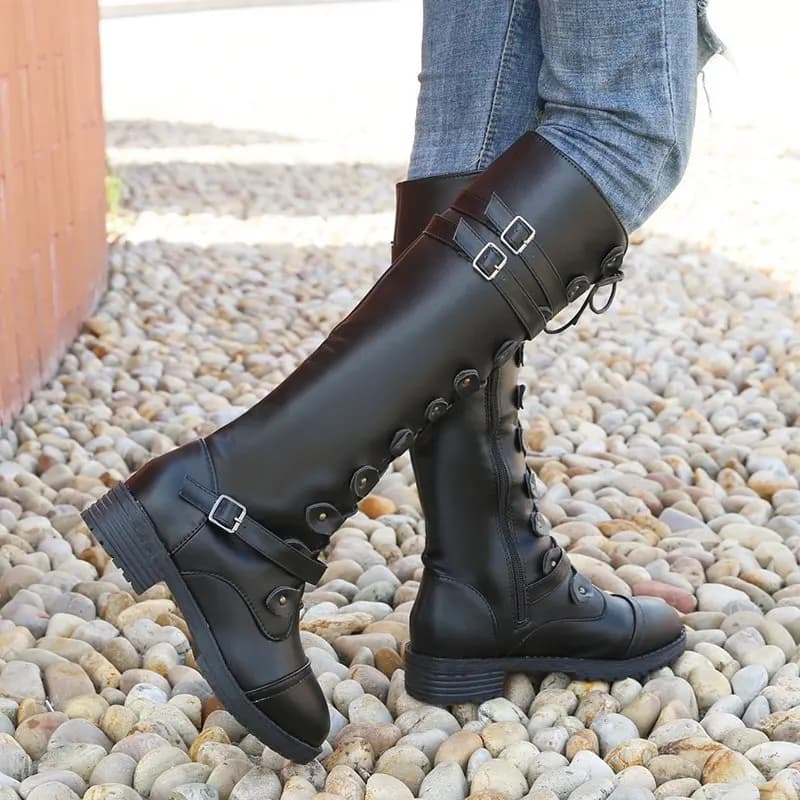 2025 New Women High Boots Autumn Winter Lace Up Flat Shoes Sexy Steampunk PU Retro Buckle Women Shoes Ladies Snow Boots