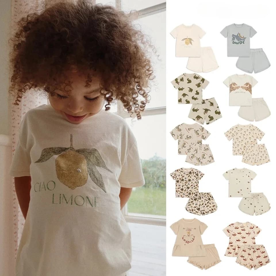 2025 New KS Summer Newborn Boys Print Short sleeves T-shirt Shorts Set Kids Cotton Clothes Girls Princess T-shirt Homewear Dresses