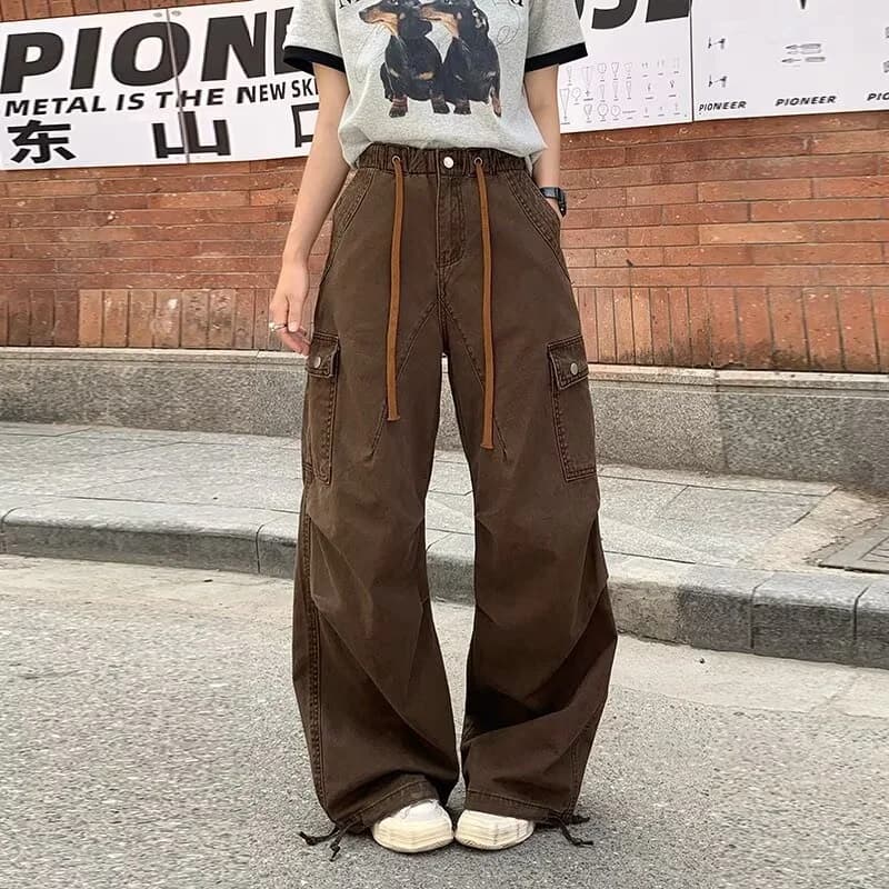2025 Ropa Y2K Moda Marrone Pieghettato Baggy Cargo Jeans Pantaloni Per Le Donne Abbigliamento Gamba Larga Coulisse Casual Lady Pantaloni di Cotone