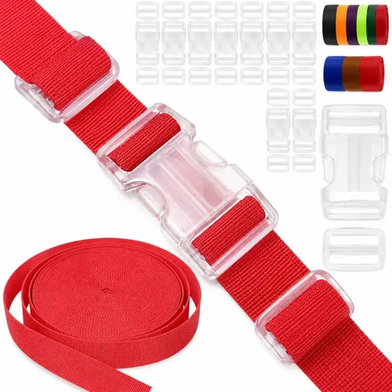 3/5Set 20-38mm Fibbia in plastica trasparente + Fasce a nastro in nylon con tessitura colorata per bagagli Chiusura zaino fai da te Fibbie Fastex