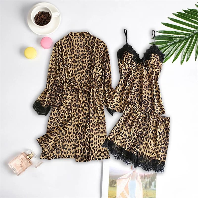 Stampa leopardata Homewear Patchwork di pizzo Pigiama da donna sexy Set Indumenti da notte Pigiama da notte Pigiama Camicia da notte Accappatoio