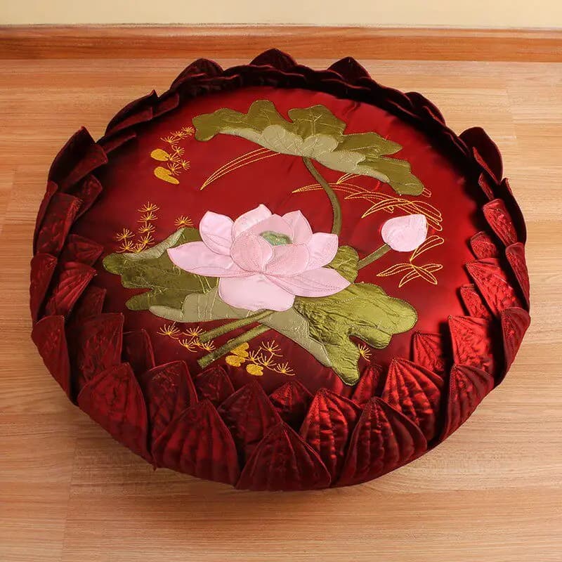 Handmade Meditation Cushion, Round Zafu Pillow with Embroidery Lotus Design, Coir Yoga Mat Pad for Kneeling Floor Sitting