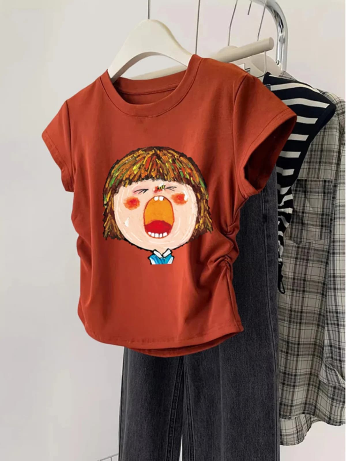 Slim Fit Short Sleeve T-Shirt Women's Retro Shoulder American Style Sweet And Spicy Top Trendy Commute Style Summer New ...