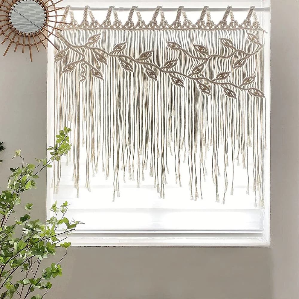Bohemian Handwoven Tapestry Curtains Leaf Pattern Tassels Sofa Bed Headboard Background Wall Hanging Rectangular Cotton Europ...