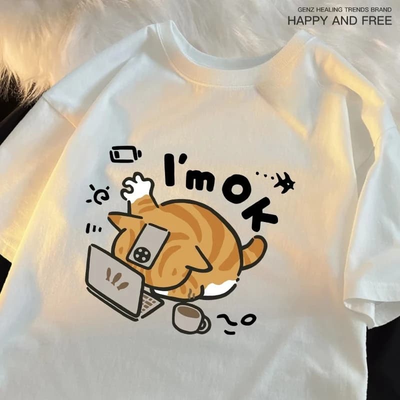 Women T-shirt Thin Cotton Crew Neck Short Sleeve Regular Fit Breathable Soft Summer Little Orange Cat Funny Print All Match Daily Top