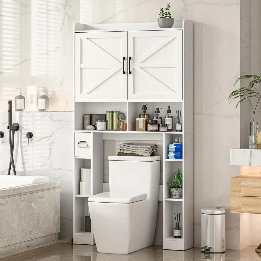 Space-Saving Over Toilet Storage Cabinet with Shelves, Paper Holder, and Towel Rack for Bathroom, Restroom, Laundry (White)