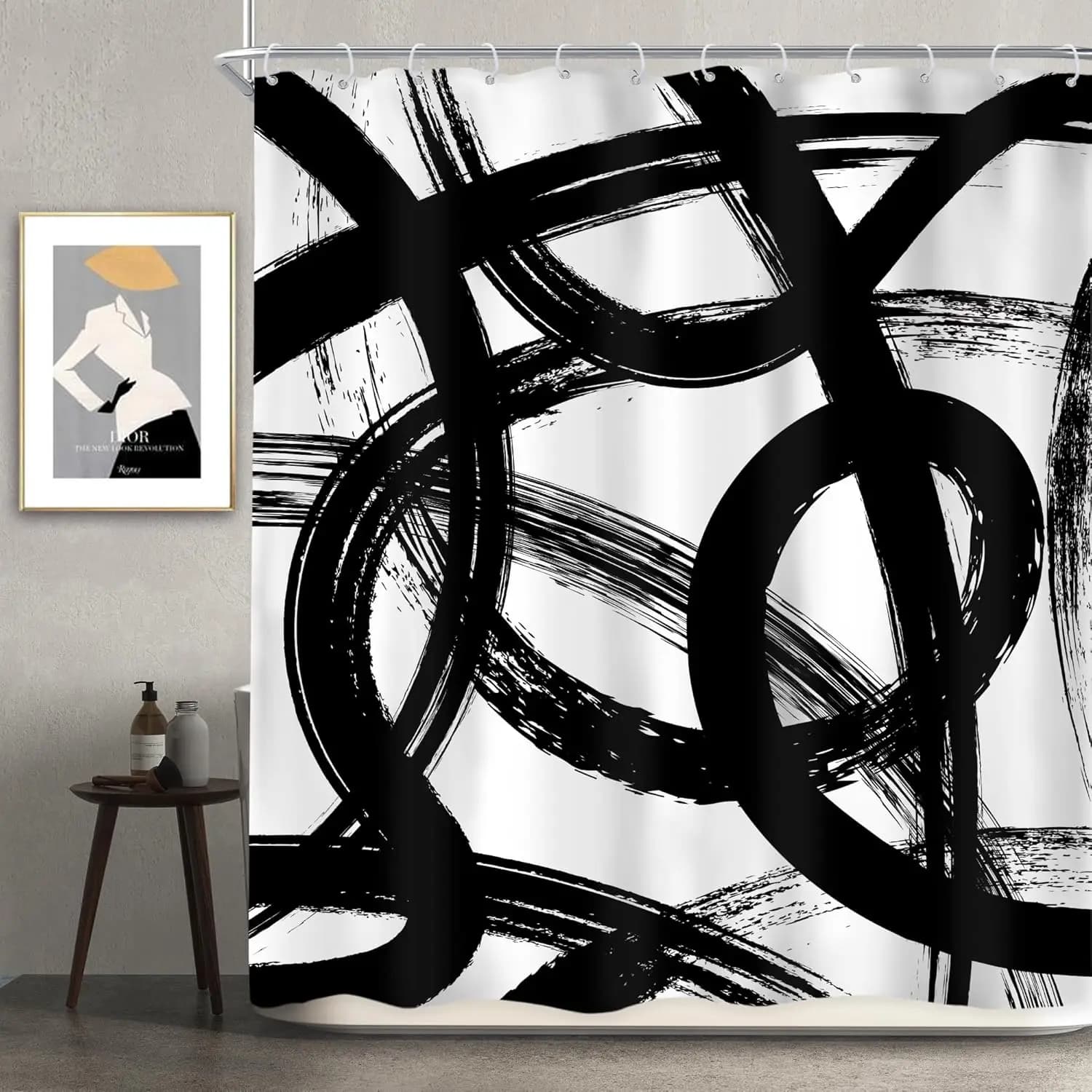 Tenda da doccia astratta bianca nera Graffiti moderni Linea minimalista Tenda da doccia semplice Set da bagno Schizzo unico impermeabile