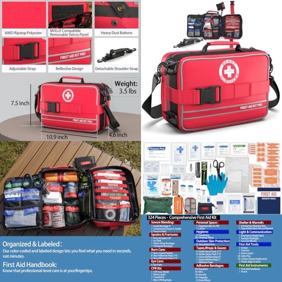 Kit di Pronto Soccorso Completo per Casa, Kit di Emergenza Premium con Tracolla per Auto e Attrezzatura da Campeggio, Impermeabile