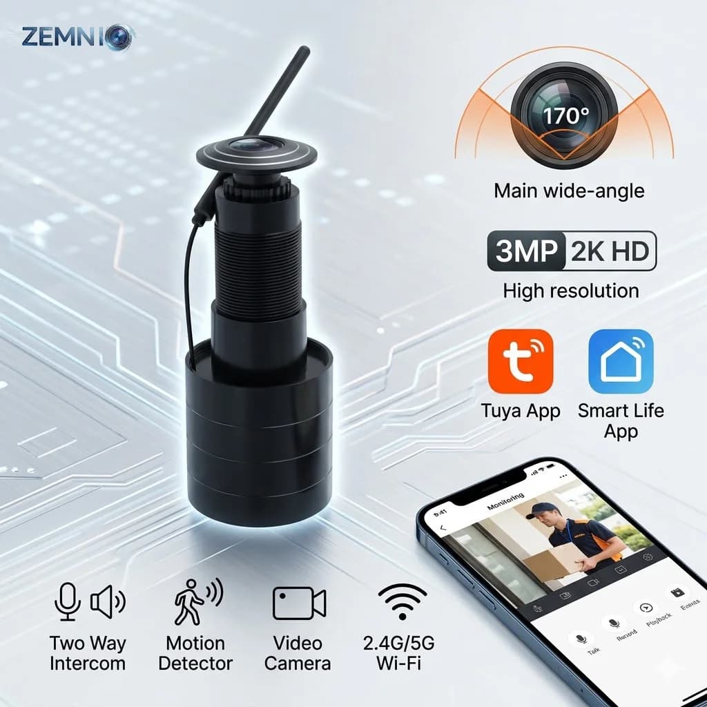 ZEMNIO 2K 3MP Smart Door Peephole Camera, 170° WiFi Video Doorbell, 2Way Audio & Motion Detect, Tuya/Smart Life App, 2.4G/5G