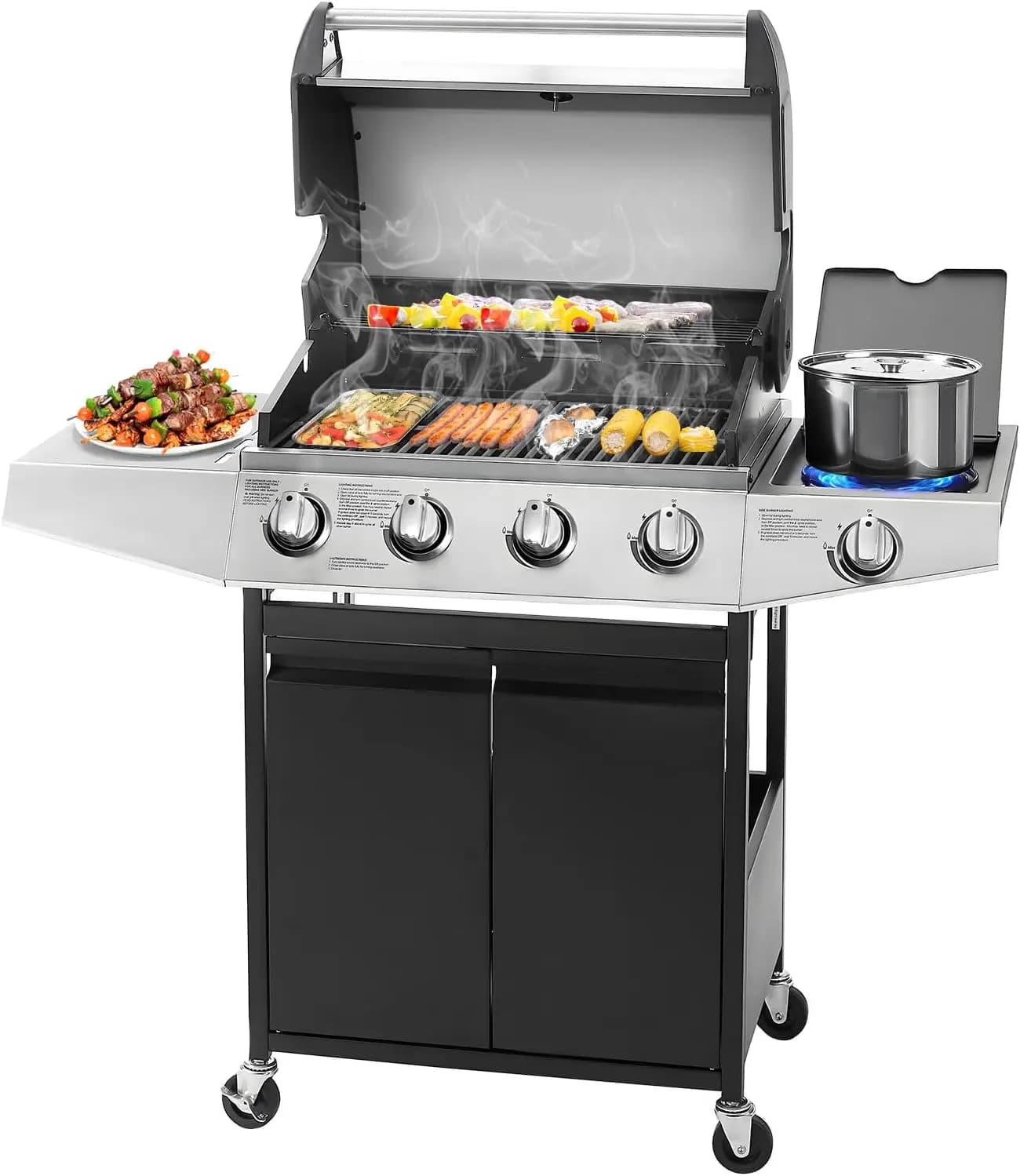 Barbecue a gas propano Unovivy a 4 fuochi con fornello laterale e griglie in ghisa smaltata in porcellana, termometro integrato, 49.000 BTU O
