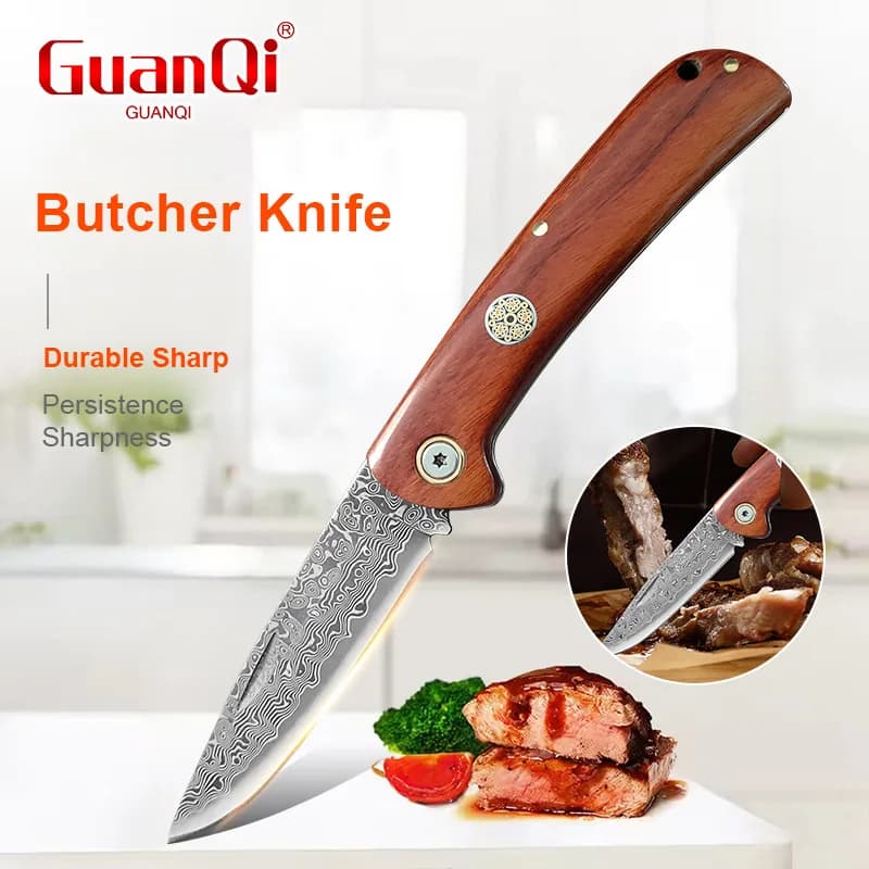 Coltello in Acciaio Damascato, Coltello Pieghevole per Frutta, Coltello da Disosso, Mannaia per Carne, Coltello da Cucina, Coltello da Macellaio, Coltello Tascabile Multifunzione