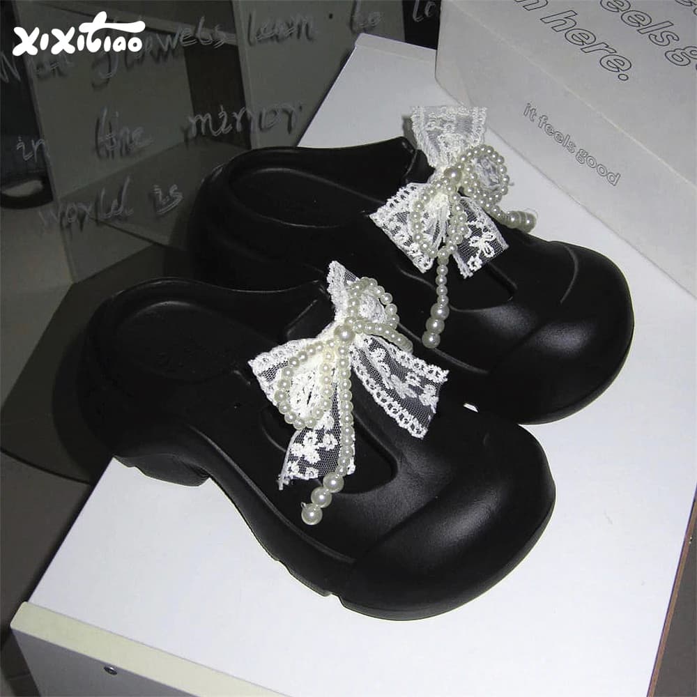 Sandali Sweet Lolita con plateau, cinturini sottili, fiocco di perle, Mary Janes, stile ragazza, ciabatte estive da donna