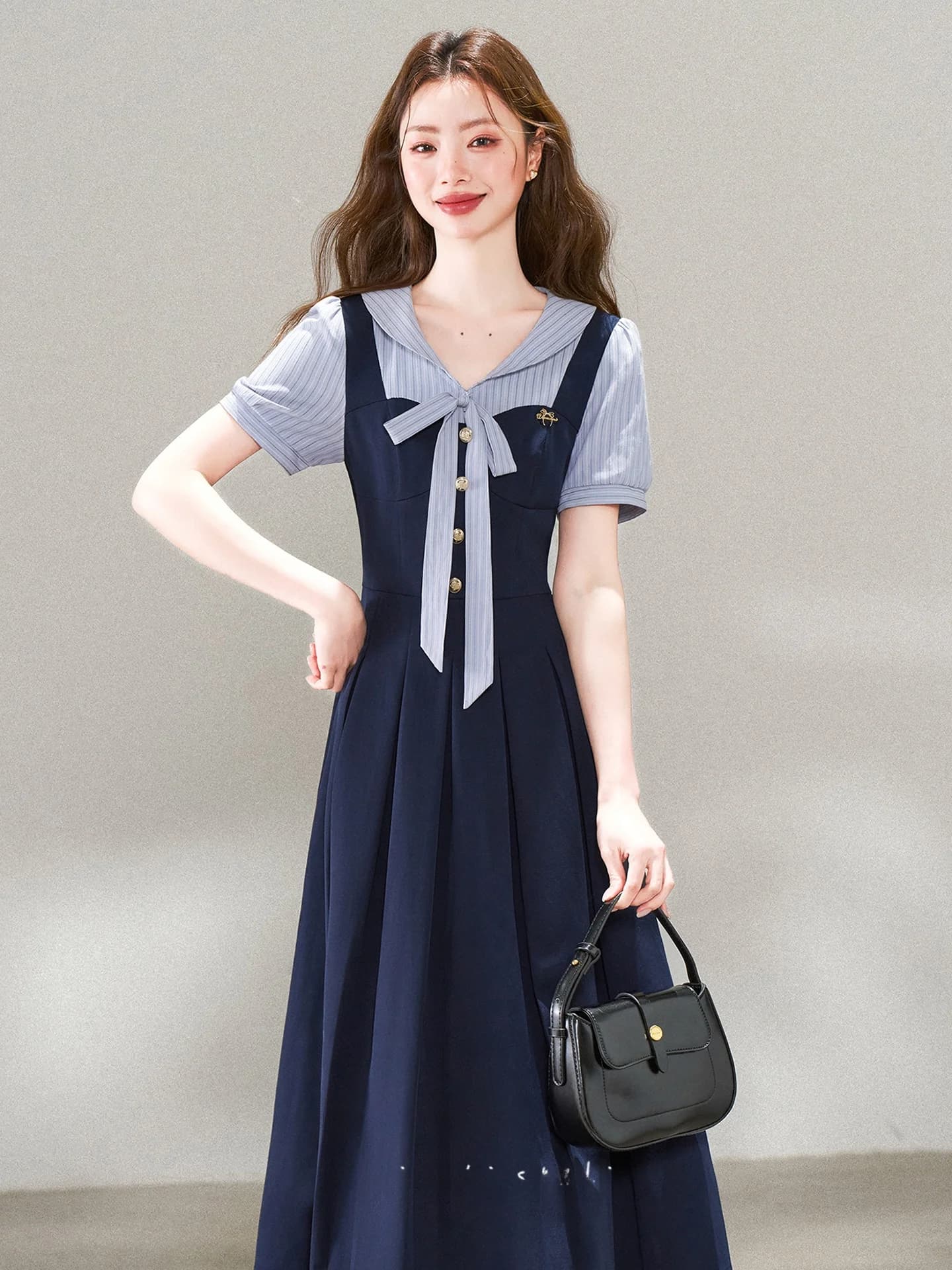 Su Xiaole Summer New College Style Dark Blue Fake Two-Piece Short Sleeve Dress Women's Interview Clothing Long Dress