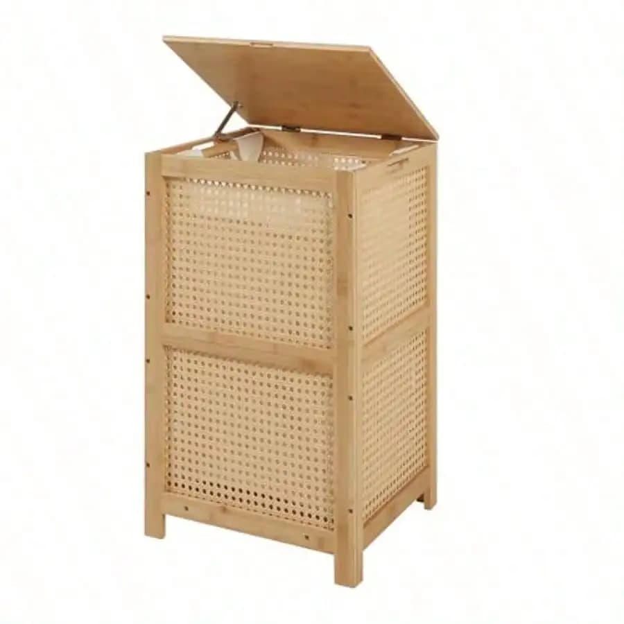Bamboo Wicker Laundry Hamper Basket With Lid, 13 Gal/50L, Natural Woven Wicker, Boho Bamboo Frame, Removable Clothes Bag, Wooden Handles, Lidded Rectangular Design, 13.8 X 12.6 X 23.6 In