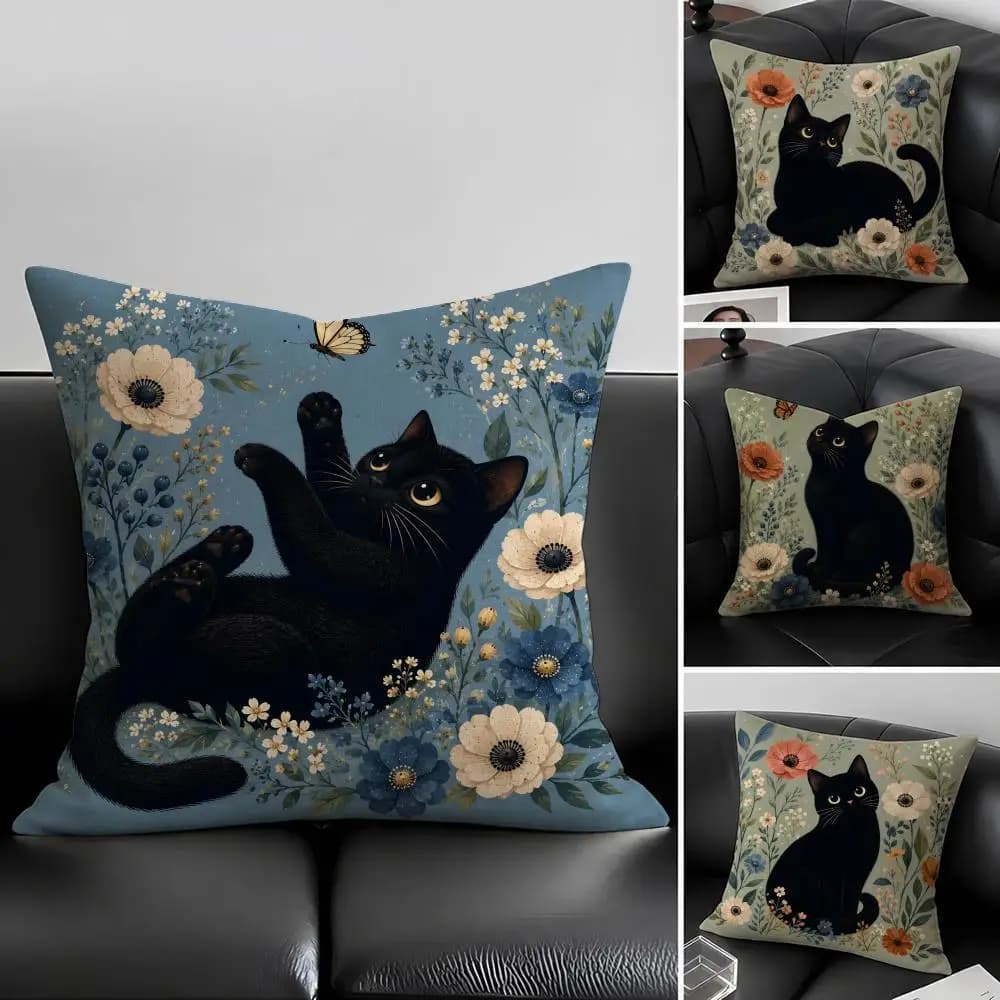 Art Black Cat With Flower Cushion Cover Natural Linen Pillowcase Set, All-in-One Decor for Sofa, Bedroom & Chair