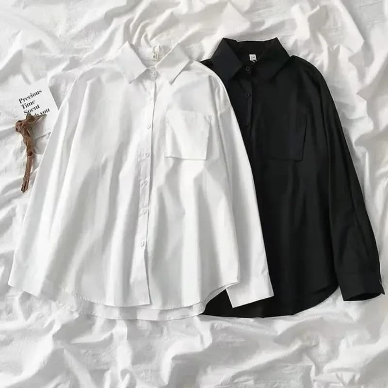 Camicie bianche a maniche lunghe larghe stile giapponese Camicia da donna con colletto rovesciato tascabile stile preppy Camicetta oversize Harajuku da donna
