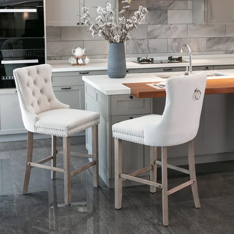 Beige Button Tufted Velvet Bar Stools with Wooden Legs and Chrome Nailhead Trim, Set of 2