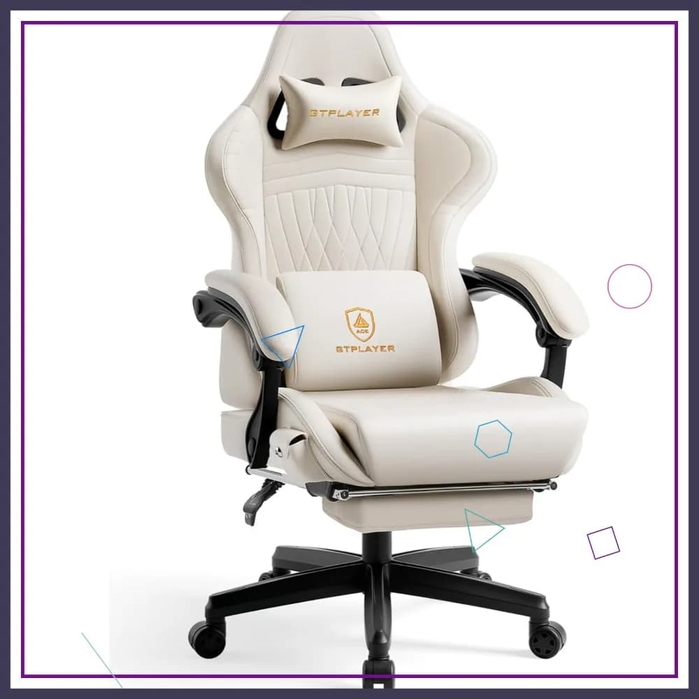 Sedia da Gaming Ergonomica con Altoparlanti, Poggiapiedi e Braccioli Collegati, Schienale Alto Reclinabile per Ufficio Domestico, Bianco Sporco